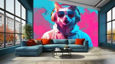  of fantasy character with cat head in sunglasses and headphones wearing white jacket listening to music against pink and blue background Wall mural